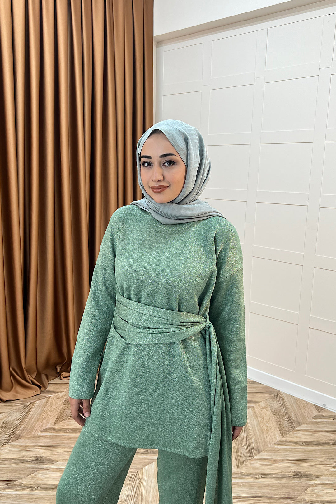 Yakamoz Şal Detay Simli Triko Takım Mint 25280-MINT