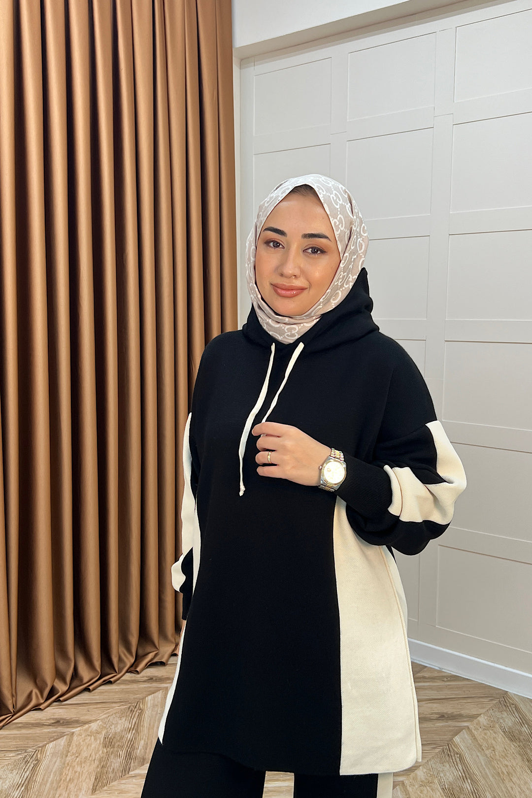 Lapis Çizgili Kapüşonlu Triko Takım Siyah 241210-SIYAH