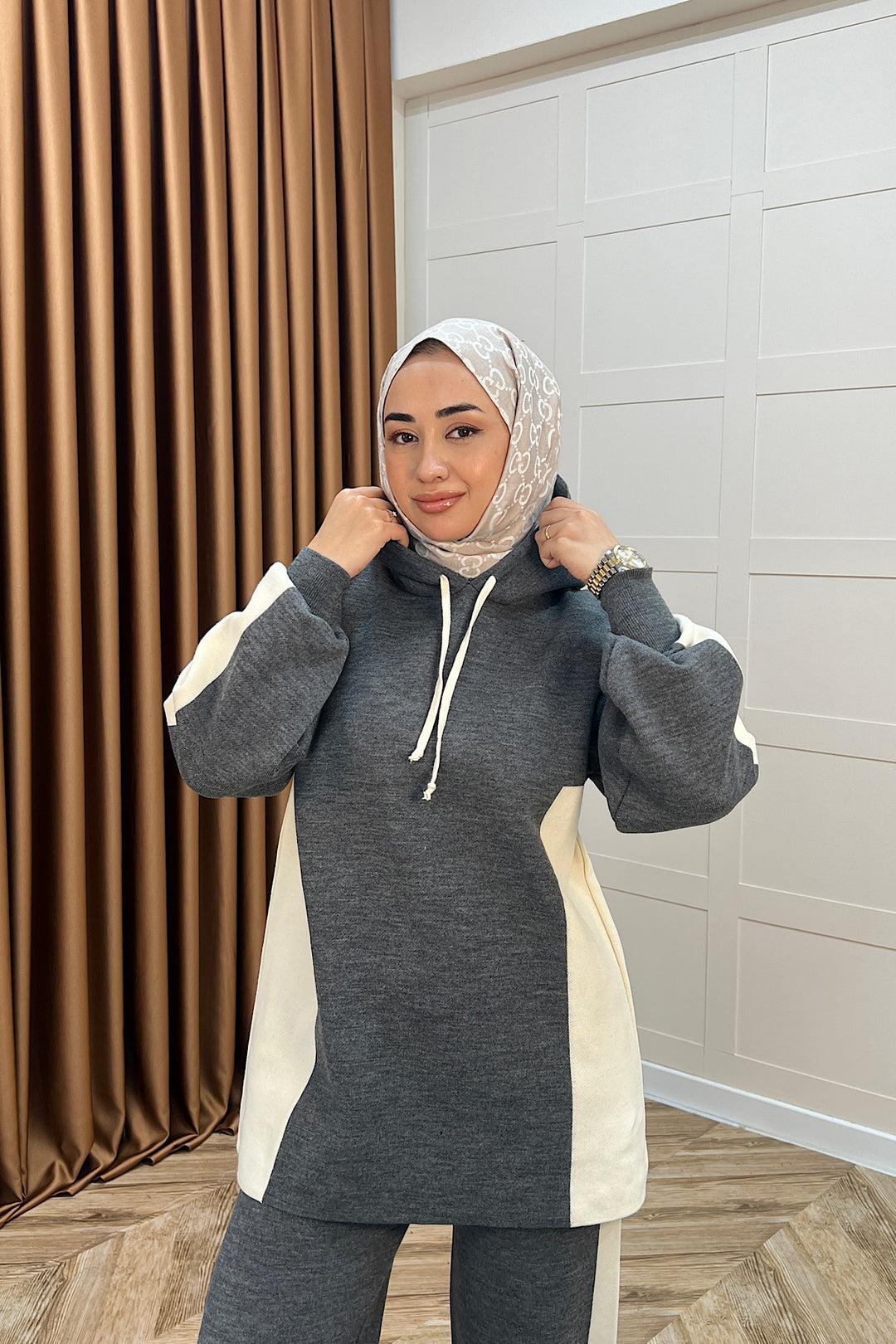 Lapis Çizgili Kapüşonlu Triko Takım Antrasit 241210-ANTRASIT