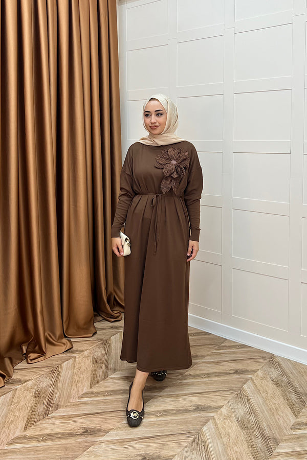 Zambak Merserize Triko Elbise Kahverengi 25110-KAHVERENGI