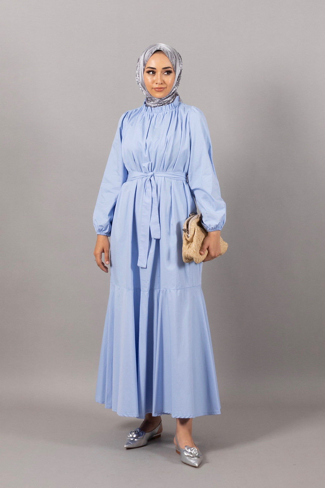 Layla Kuşaklı Elbise Mavi 4968-MAVI