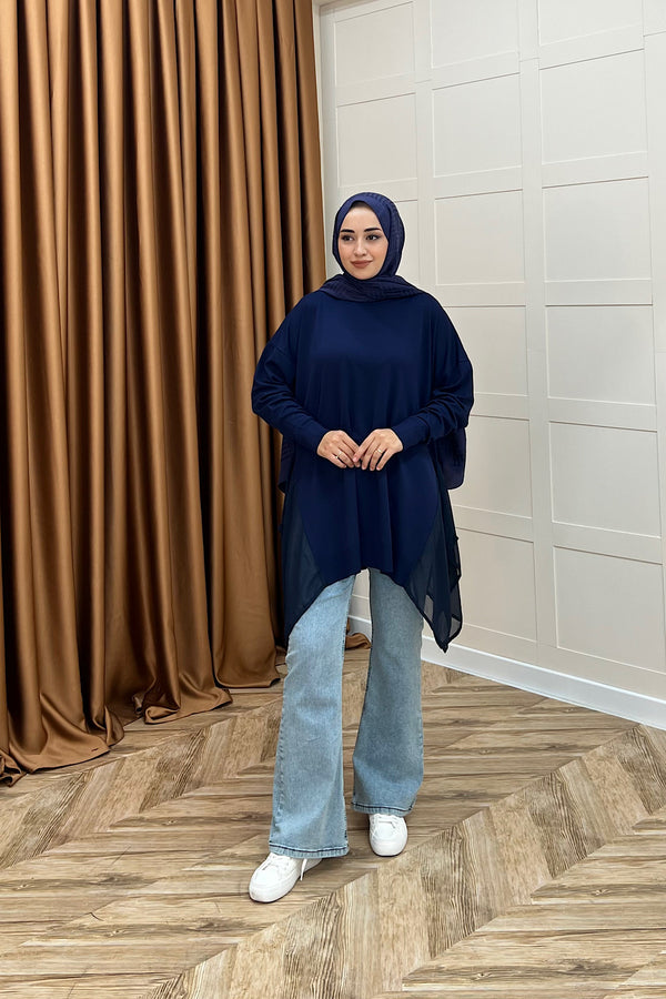 Hüda Şifon Detaylı Triko Tunik Lacivert 24290-LACIVERT