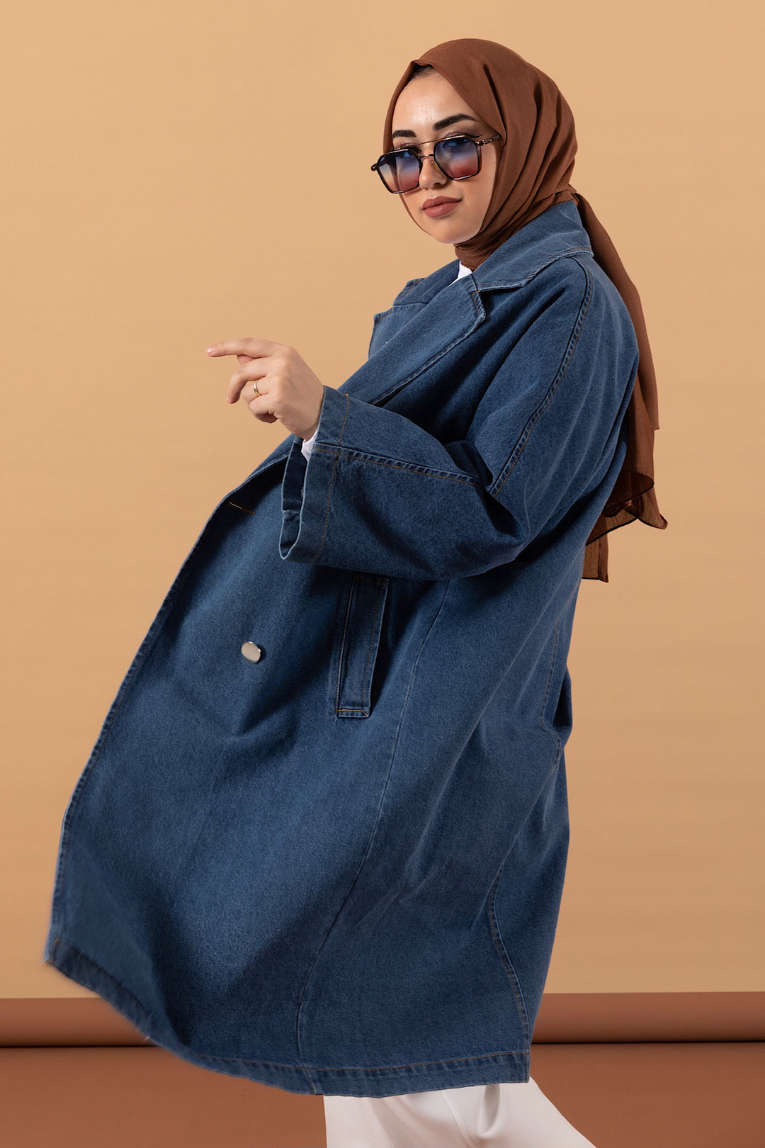 Uzun Denim Ceket Mavi 5505-MAVI