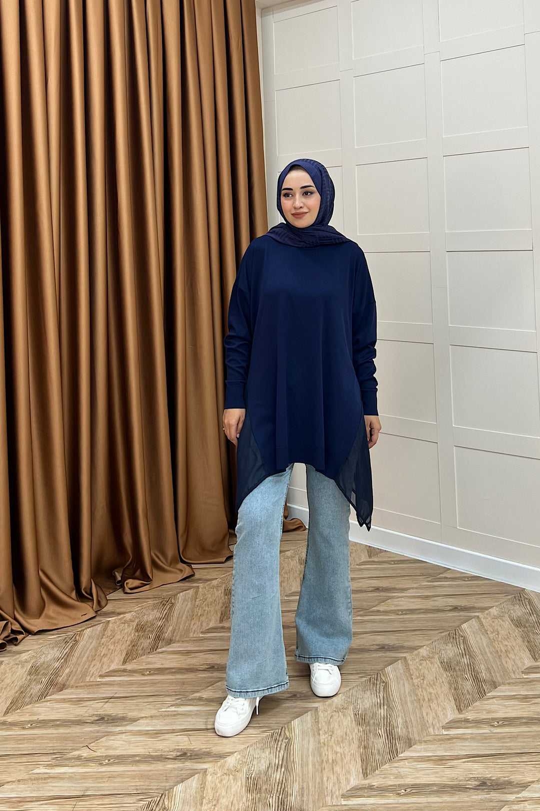 Hüda Şifon Detaylı Triko Tunik Lacivert 24290-LACIVERT