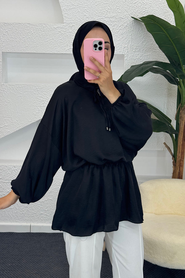 Belden Lastikli Yarasa Kol Tunik Siyah 2505-SIYAH