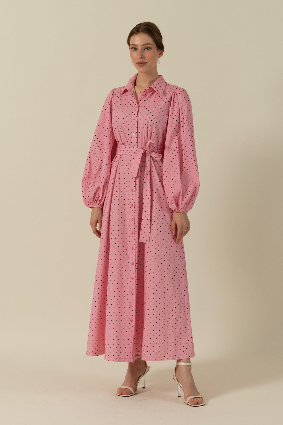 Boydan Düğmeli Puantiye Desen Elbise Pembe 3041-PEMBE