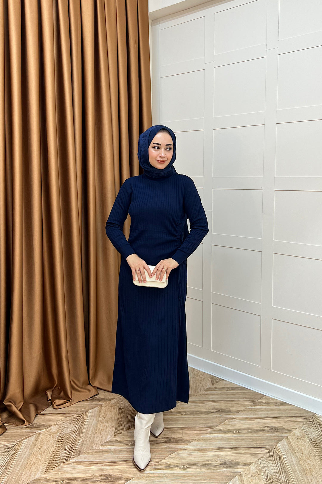 Yandan Büzgülü Triko Elbise Lacivert 24870-LACIVERT