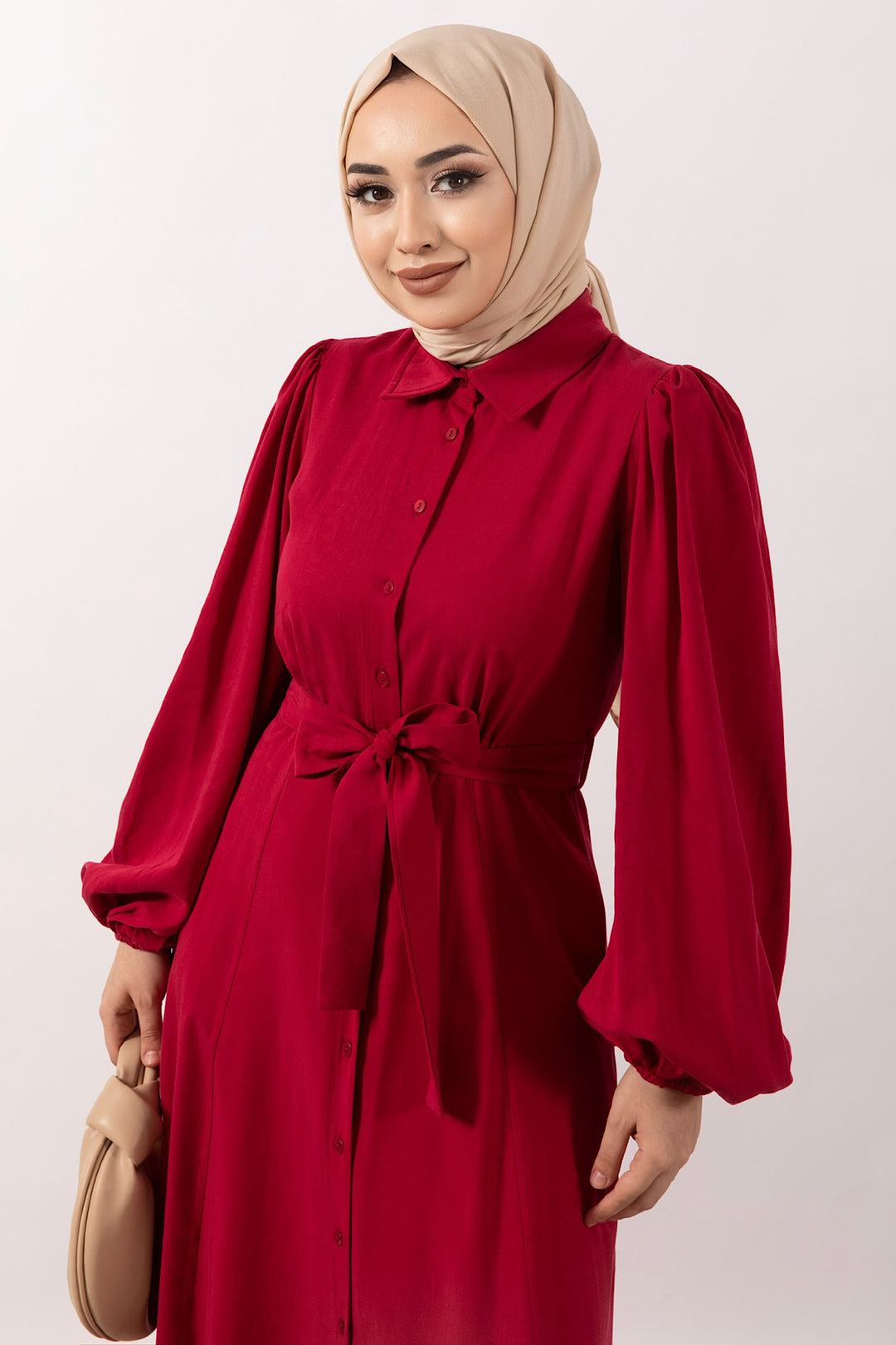 Boydan Düğmeli Keten Elbise Kırmızı 3045-KIRMIZI