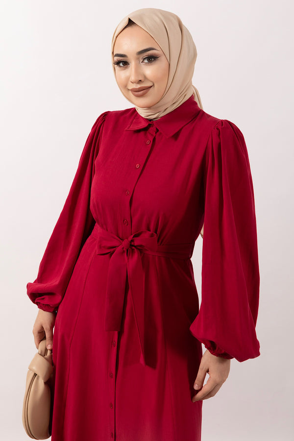 Boydan Düğmeli Keten Elbise Kırmızı 3045-KIRMIZI