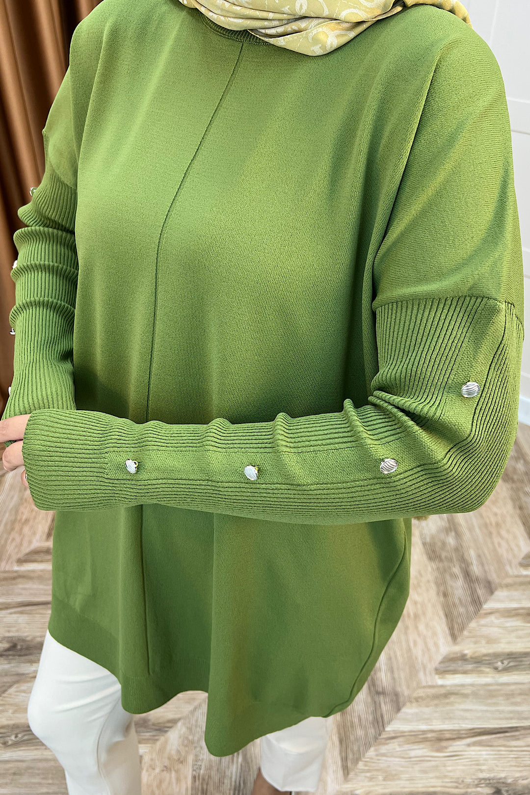 Kol Düğmeli Triko Tunik Yağ Yeşili 24280-YAGYESILI