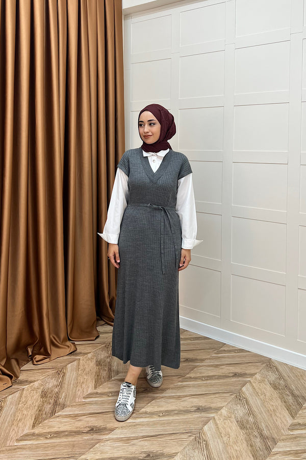 Kol Yaka Gömlekli Triko Elbise Gri 25120-GRI