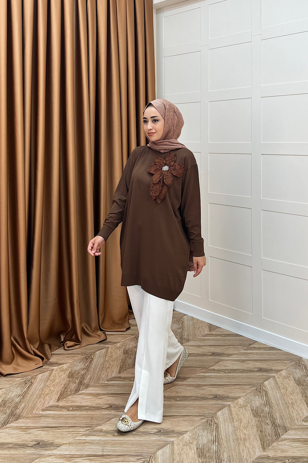 Merserize Çiçekli Triko Tunik Kahverengi 2550-KAHVERENGI