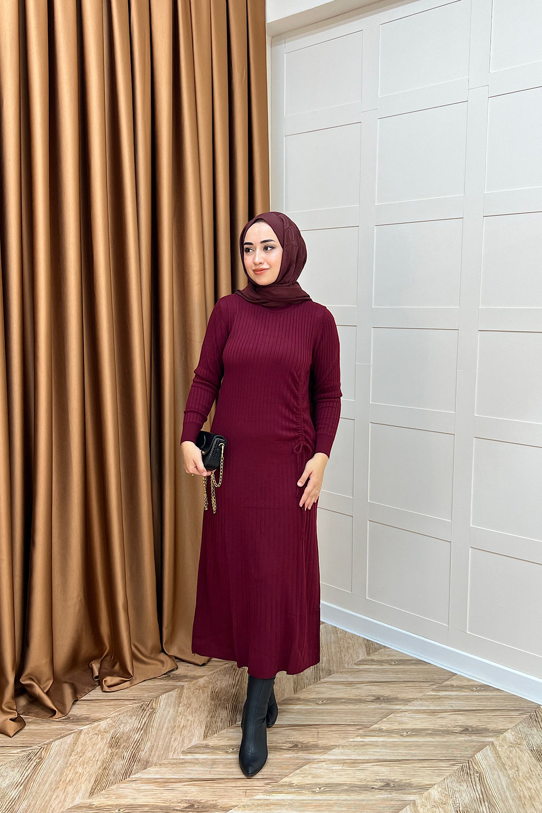 Yandan Büzgülü Triko Elbise Bordo 24870-BORDO