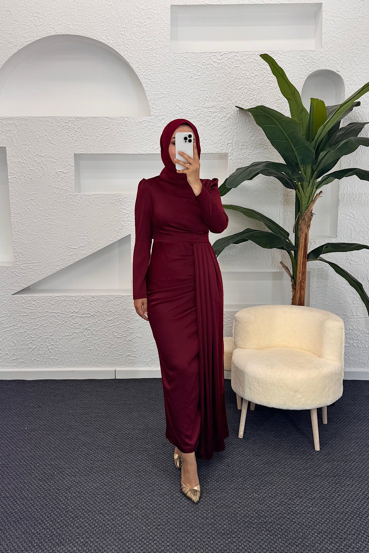 Göğüs Drapeli Saten Abiye Bordo 3074-BORDO