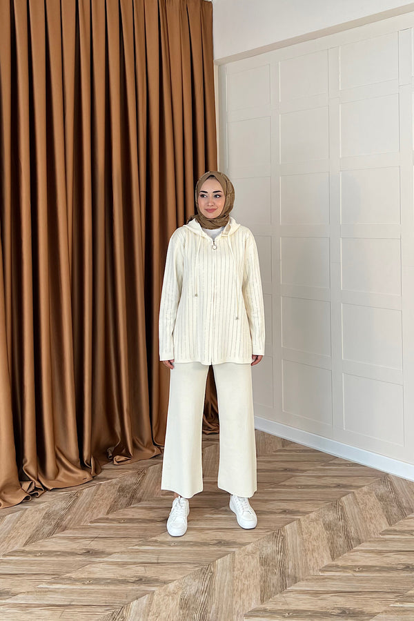 Eros Kapüşonlu Taşlı Triko Takım Taş 25340-TAS