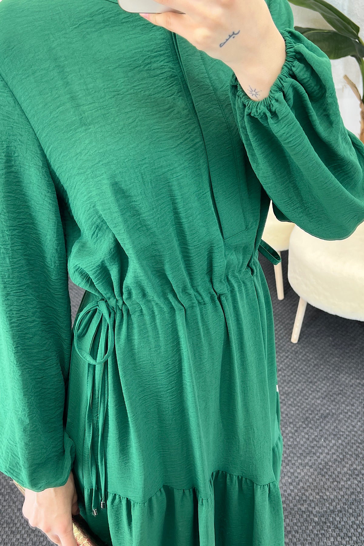 Beli Lastikli Linda Elbise Yeşil 3852-YESIL