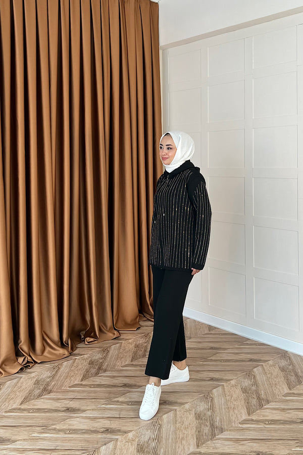 Eros Kapüşonlu Taşlı Triko Takım Siyah 25340-SIYAH