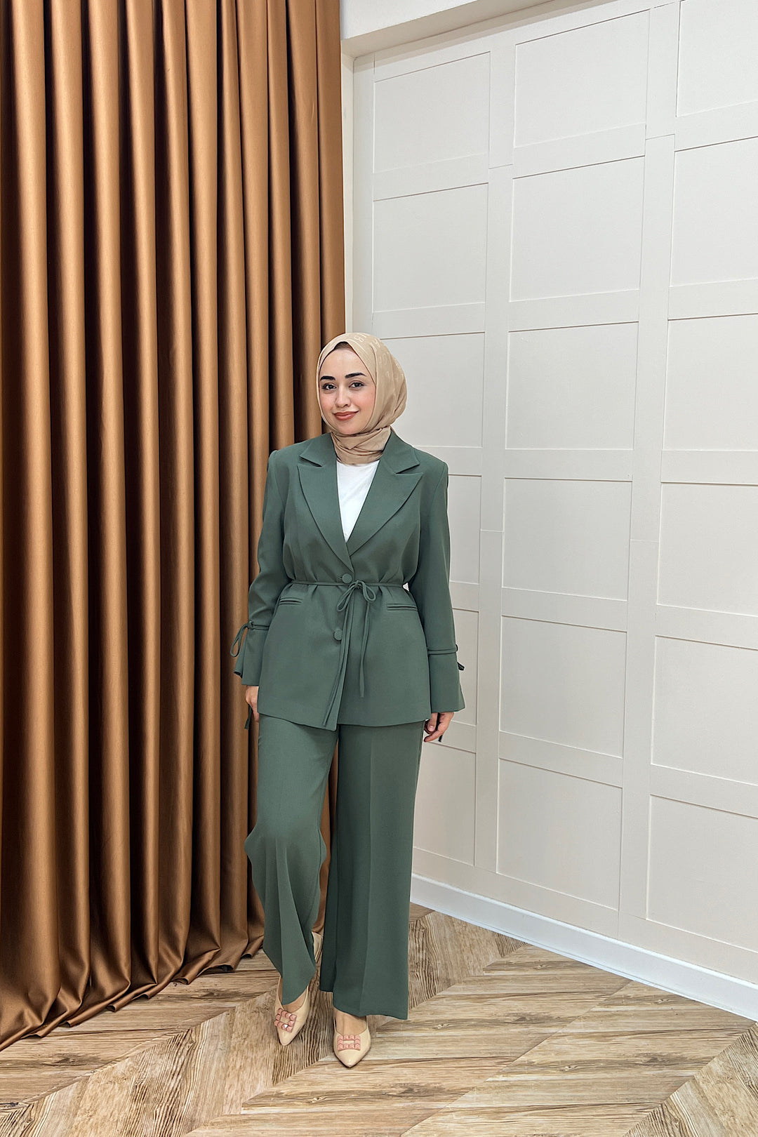 Kuşak Detay Ceket Takım Yeşil 5004-YESIL