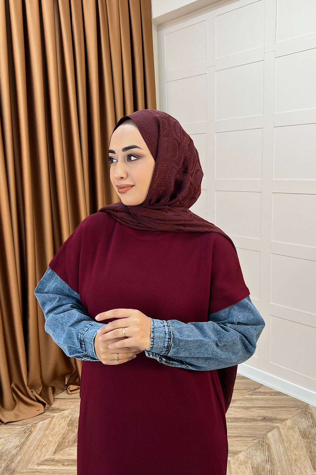 Kolları Kot Detay Triko Elbise Bordo 241200-BORDO
