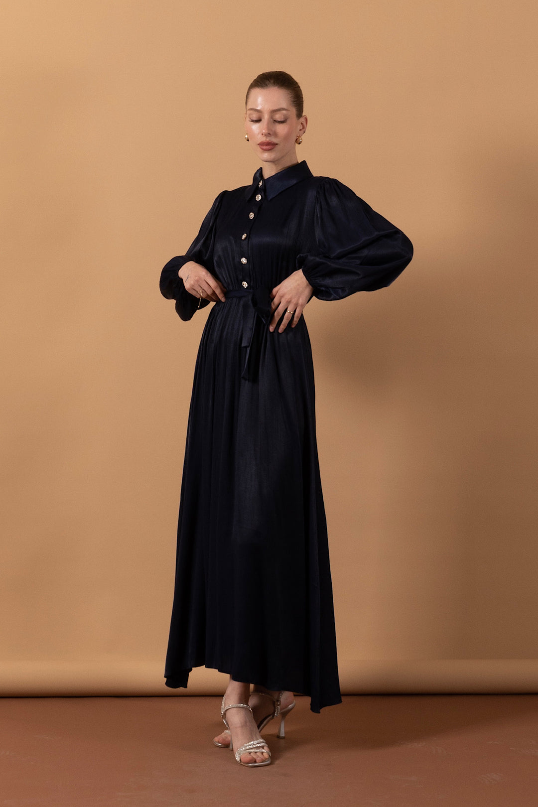 Belden Lastikli Yarım Düğme Elbise Lacivert 9591-LACIVERT