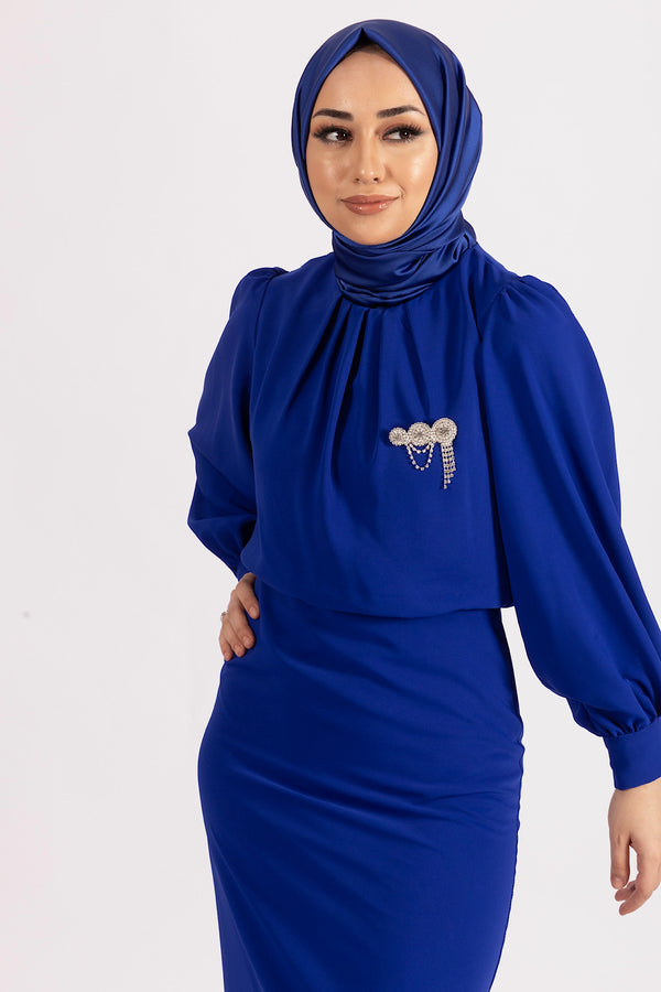 Bluzanlı Broş Detay Abiye Saks 4920-SAKS