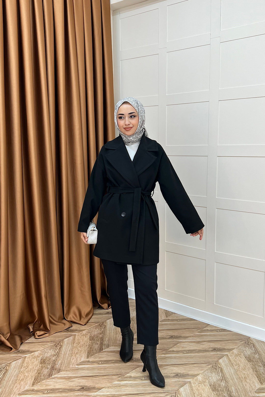 Nuve Premium Kuşaklı Kaban Siyah 5514-SIYAH