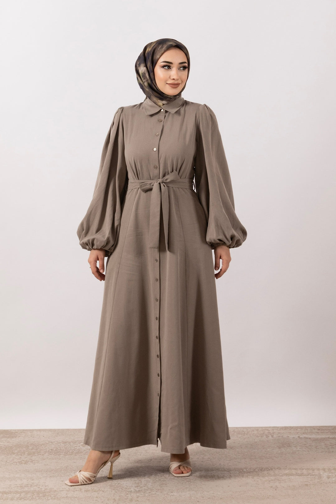 Boydan Düğmeli Keten Elbise Açık Kahverengi 3045-ACIKKAHVERENGI