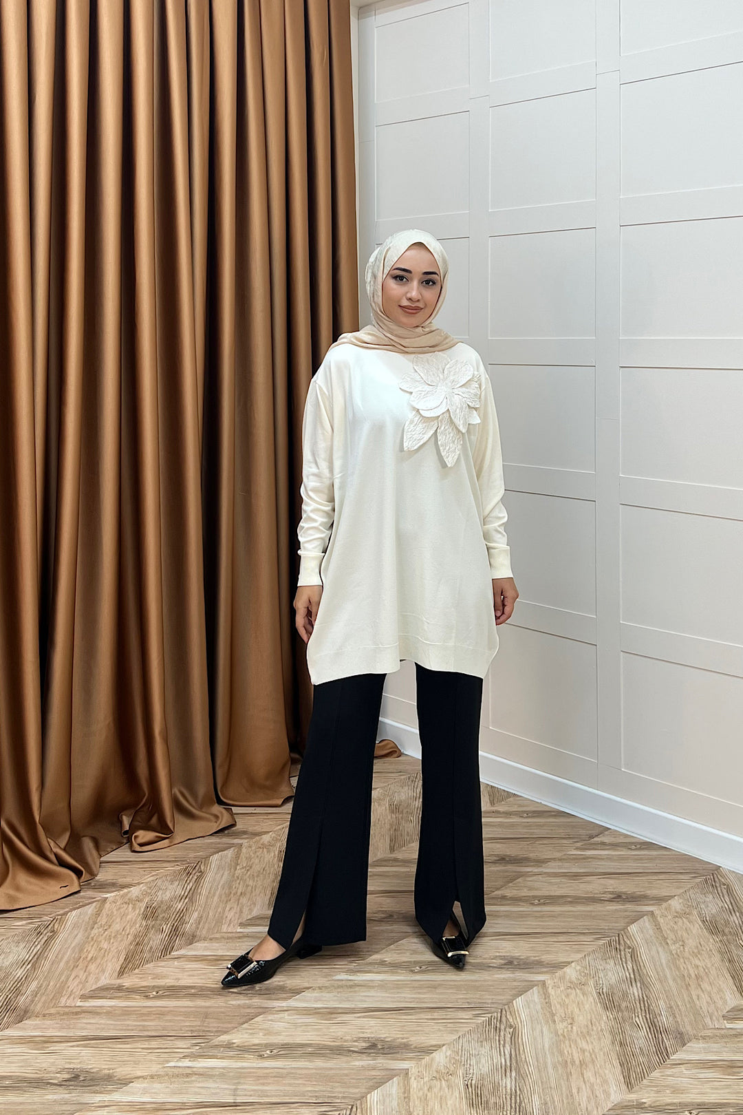 Merserize Çiçekli Triko Tunik Krem 2550-KREM