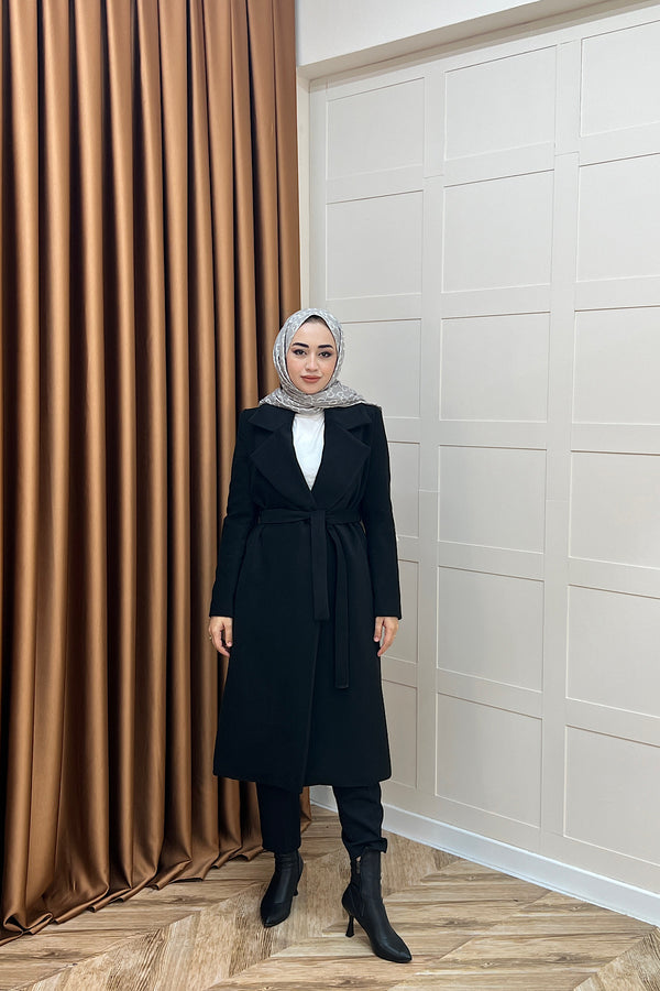 Premium Kuşaklı Kaşe Kaban Siyah 5510-SIYAH