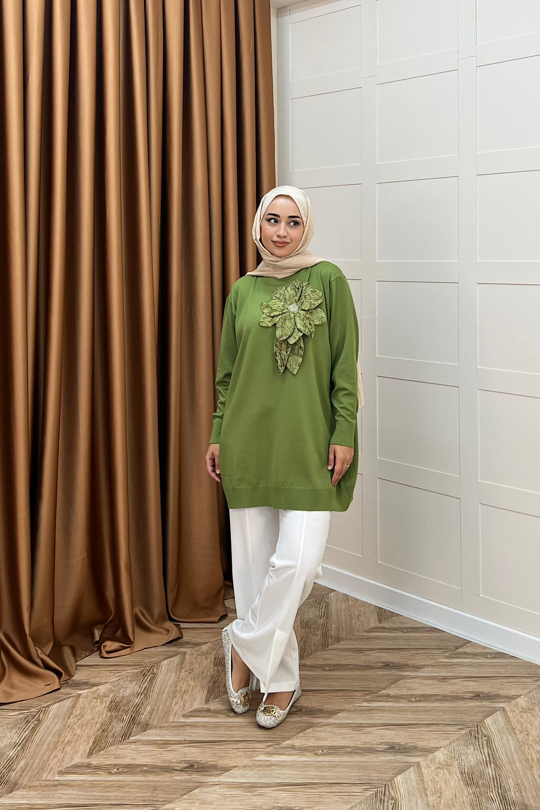 Merserize Çiçekli Triko Tunik Yeşil 2550-YEŞİL