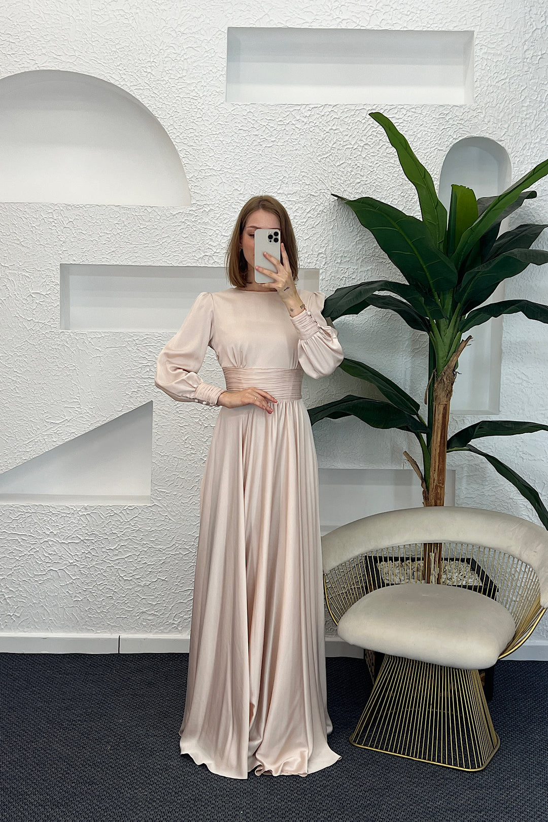 Beli Piliseli Saten Abiye Krem 04340-KREM