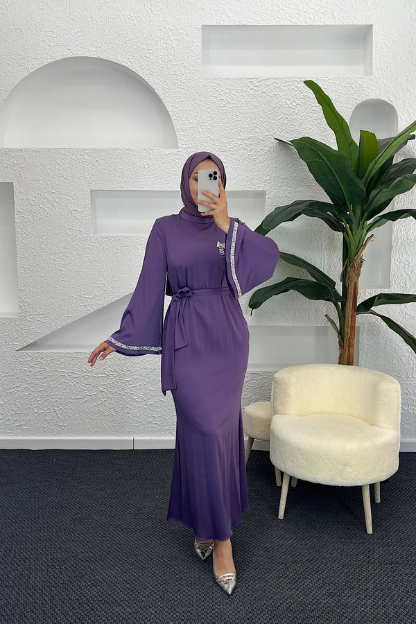 Kolları Taş Detay Saten Abiye Mor 3011-MOR