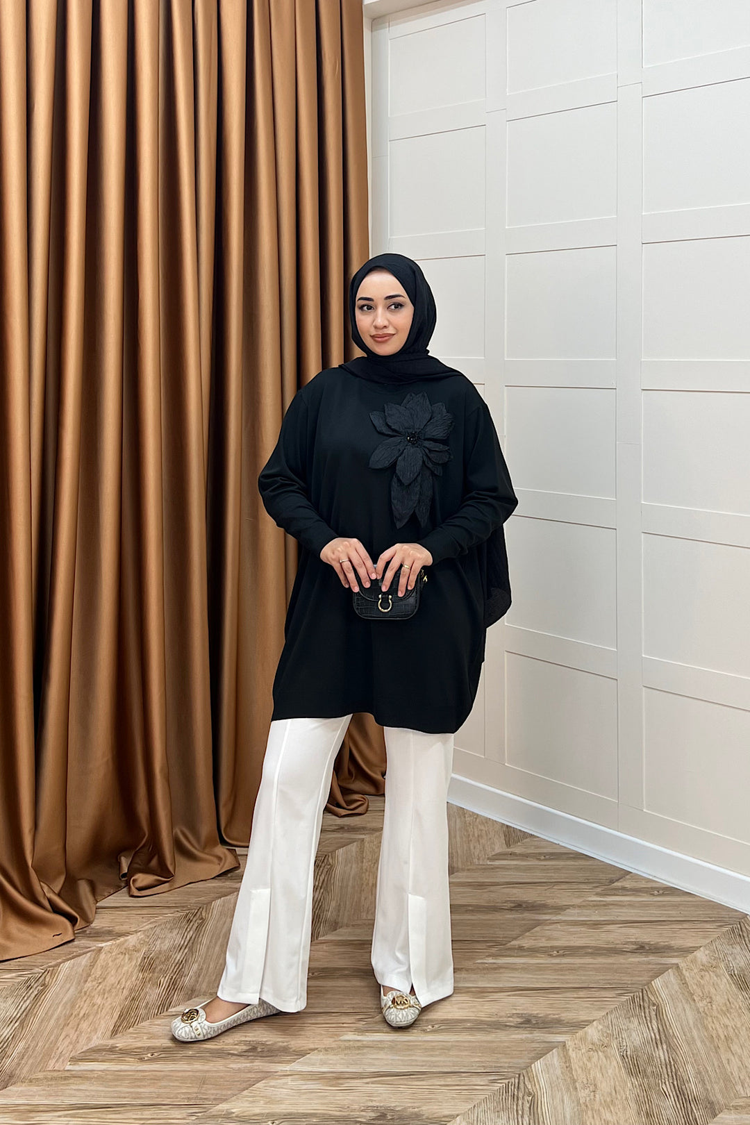 Merserize Çiçekli Triko Tunik Siyah 2550-SIYAH