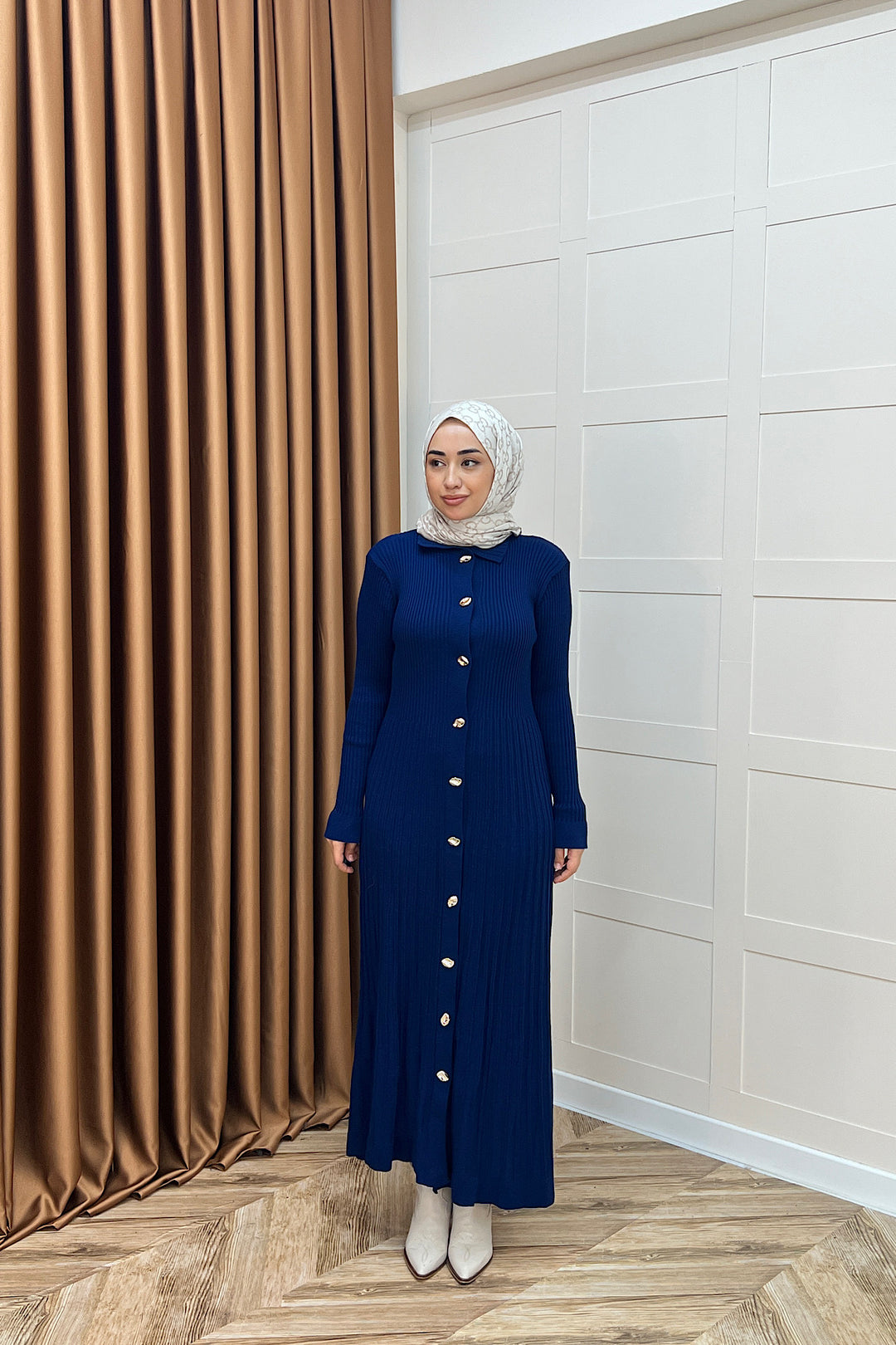 Endam Düğmeli Triko Elbise Lacivert 10201-LACIVERT