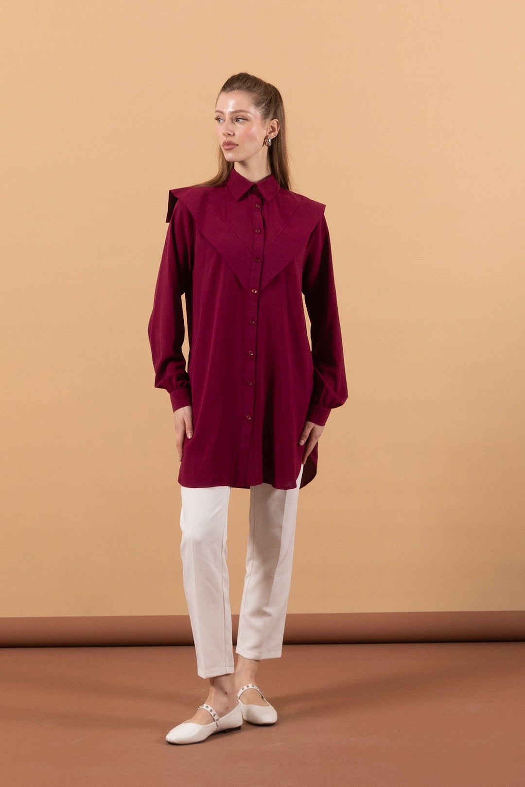 Yakası Allerli Linda Gömlek Bordo 01697-BORDO