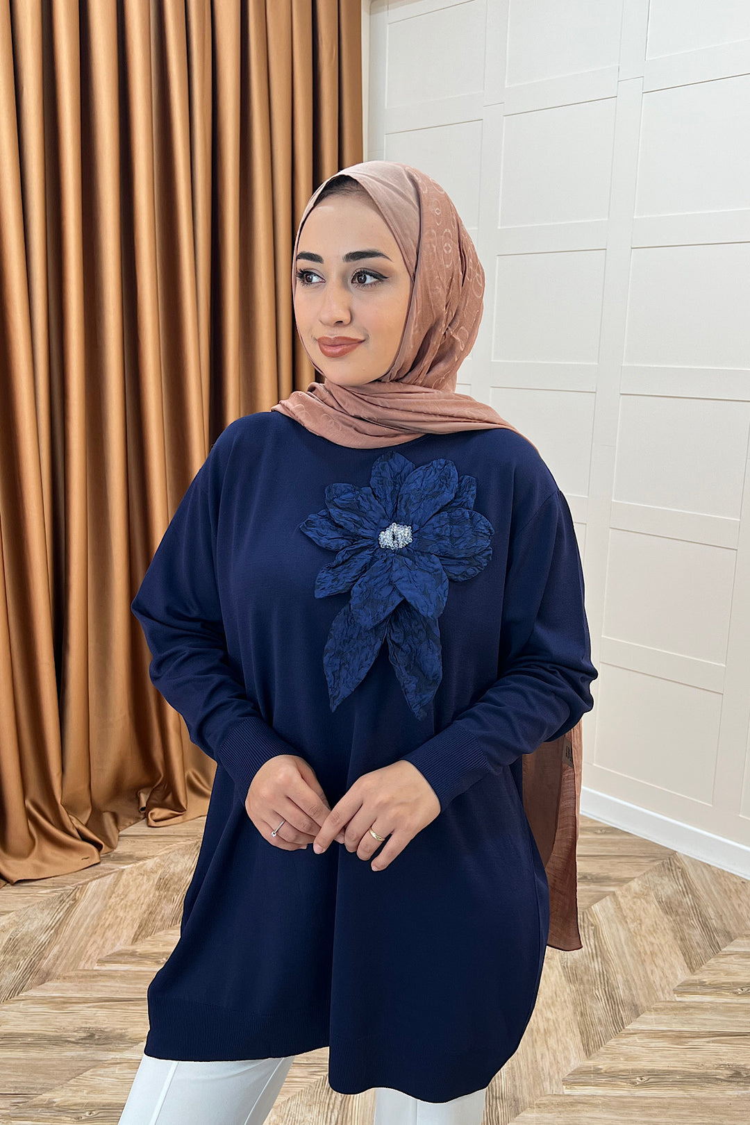 Merserize Çiçekli Triko Tunik Lacivert 2550-LACIVERT