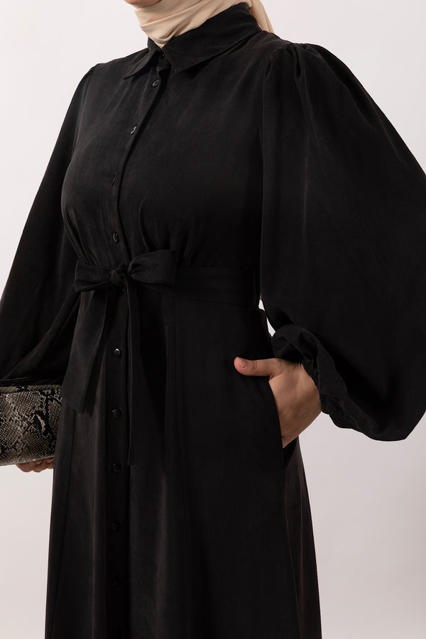 Boydan Düğmeli Keten Elbise Siyah 3045-SIYAH