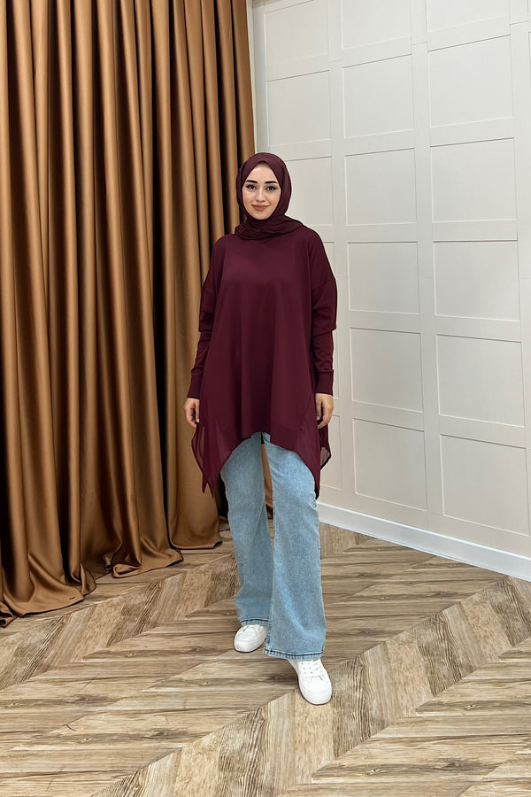 Hüda Şifon Detaylı Triko Tunik Bordo 24290-BORDO