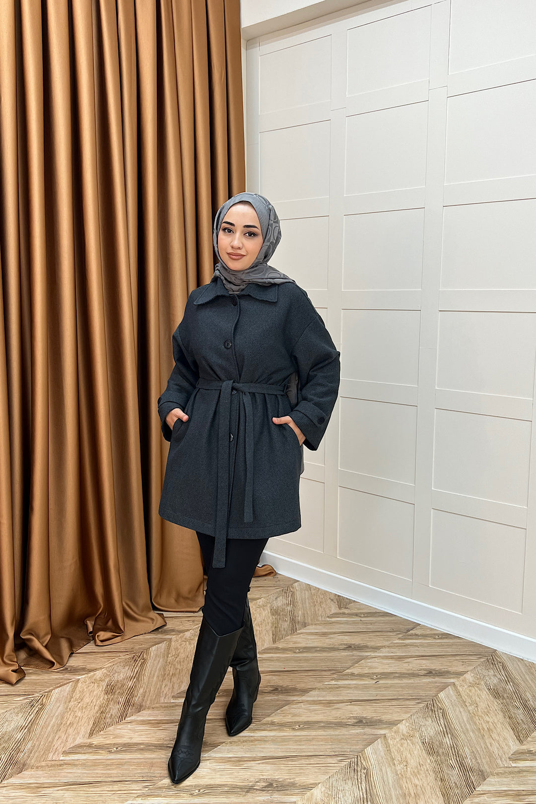 Bensu Kuşaklı Kaşe Kaban Siyah 5518-SIYAH