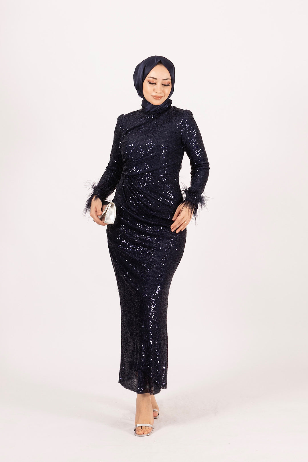 Kol Saçak Detay Payet Abiye Lacivert 4907-LACIVERT