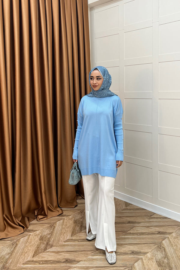 Kol Düğmeli Triko Tunik Mavi 24280-MAVI