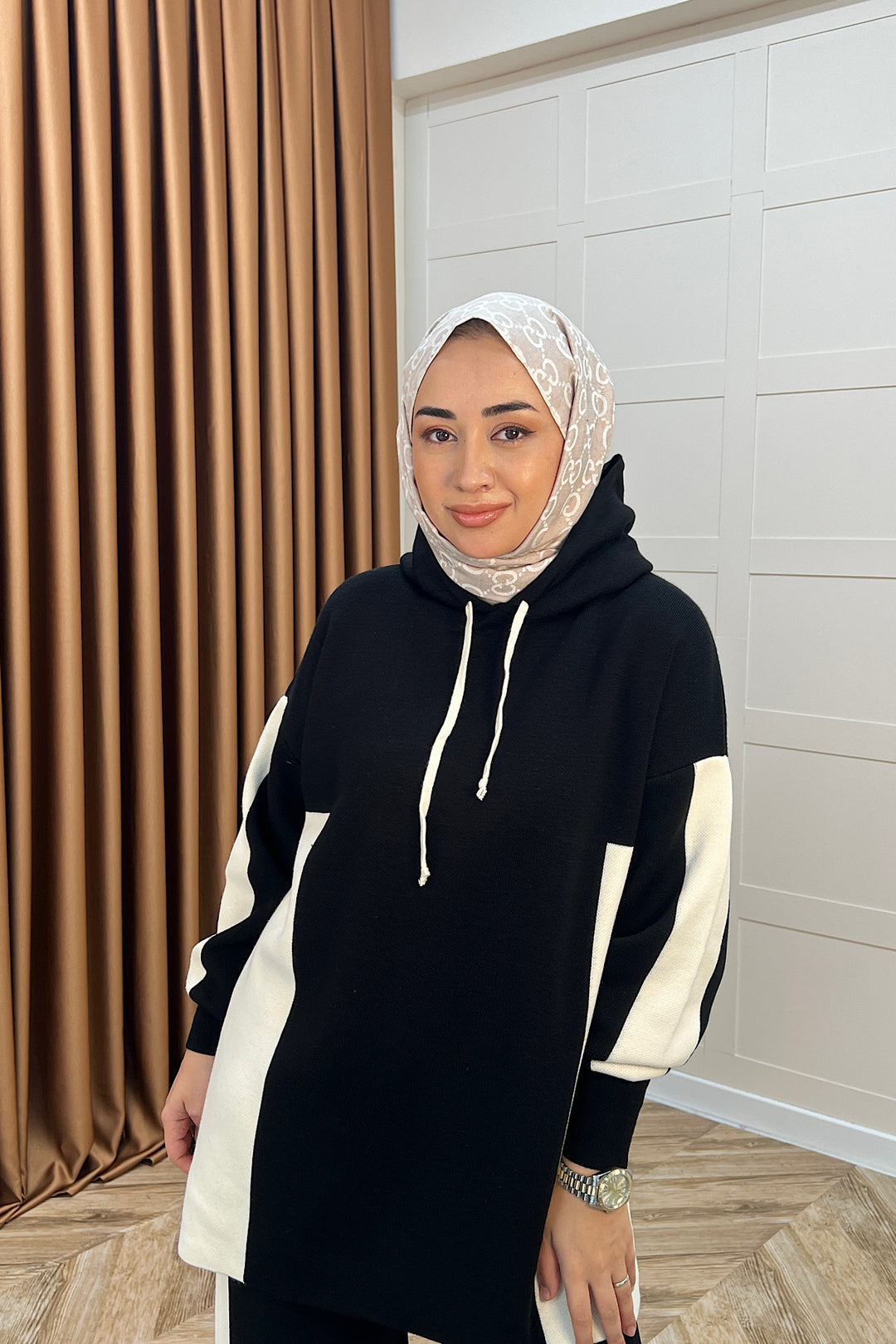 Lapis Çizgili Kapüşonlu Triko Takım Siyah 241210-SIYAH