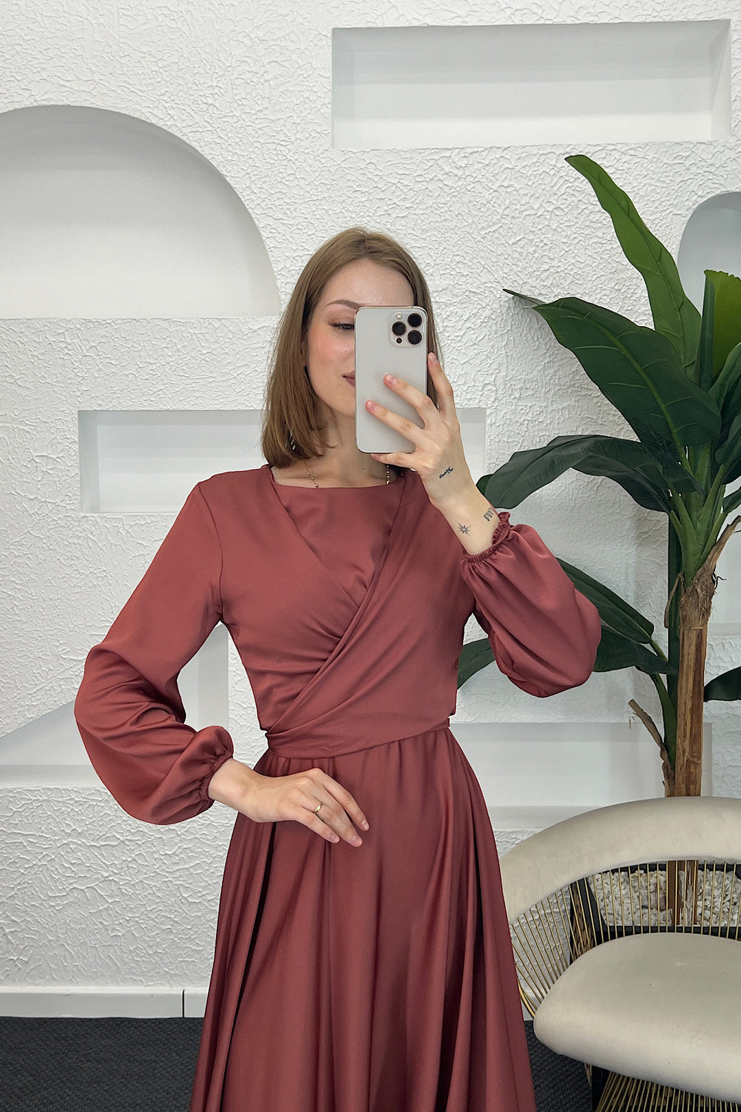 Önü Çarpraz Saten Abiye Taba 4529-TABA