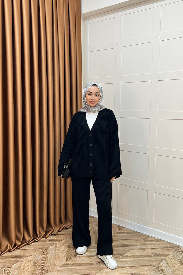 Galata Fitilli Triko Hırka Takım Siyah 25630-SIYAH