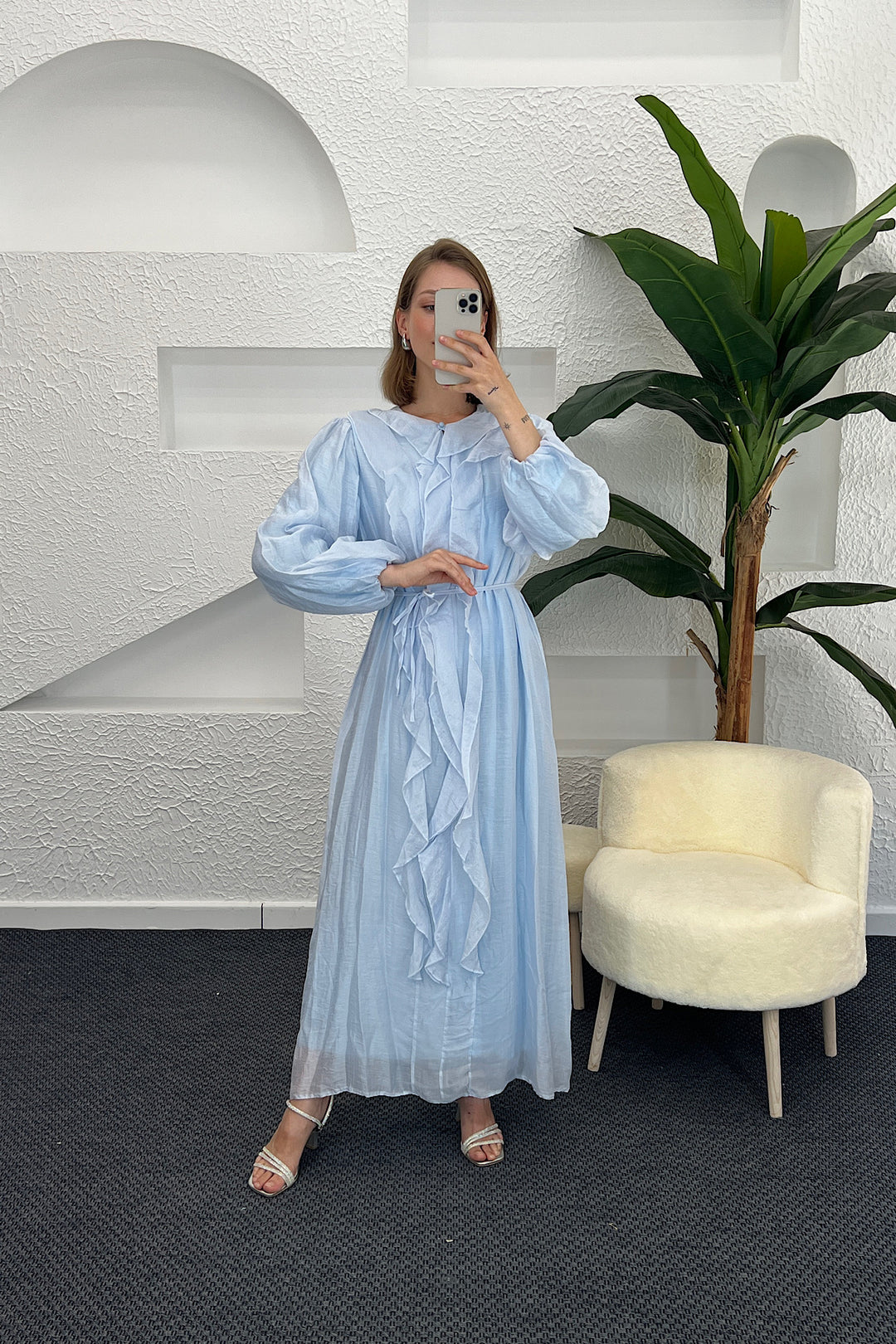 Edil Fırfır Detay Elbise Mavi 3366-MAVI