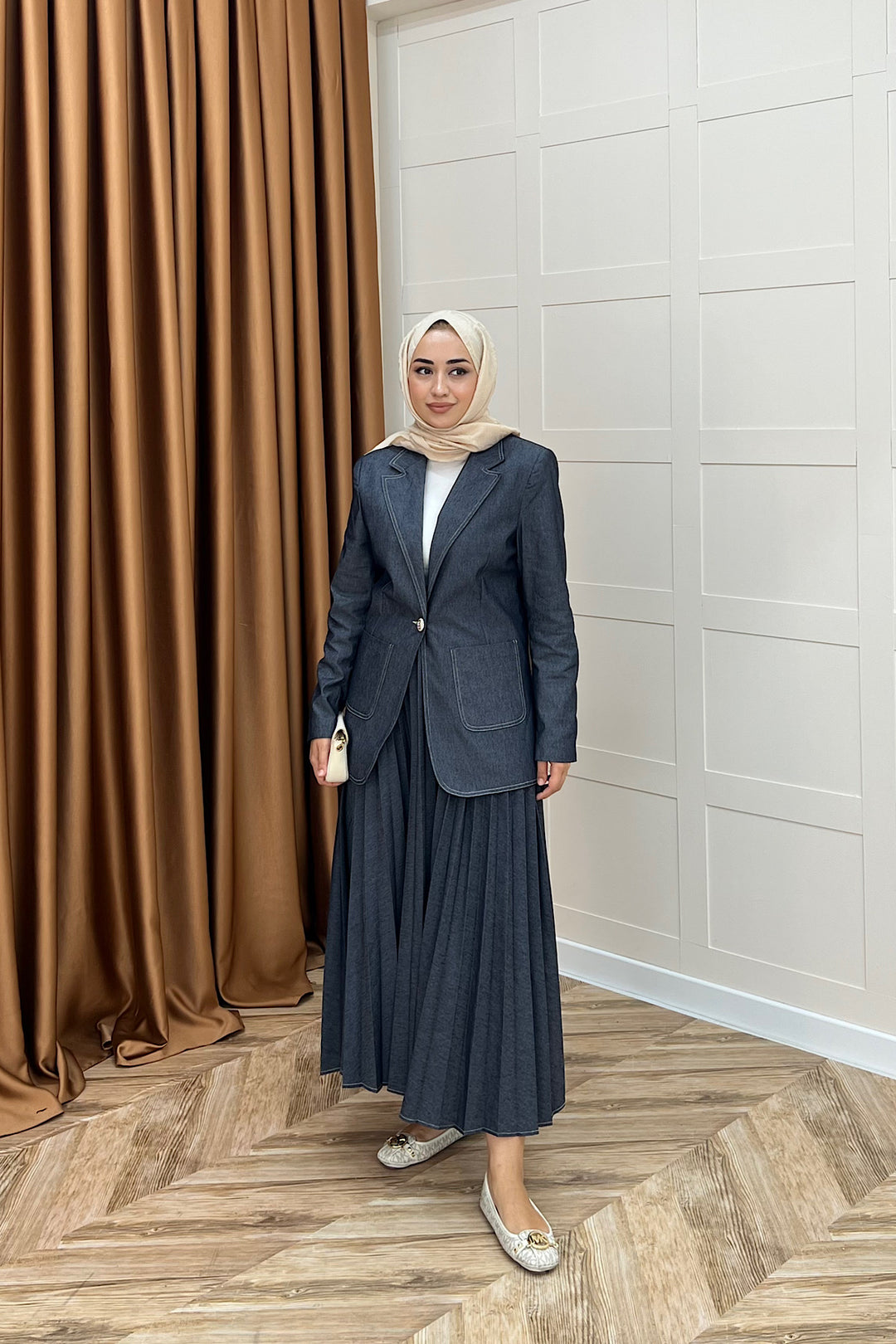 Eteği Piliseli Kot Ceket Takım Mavi 4010-MAVI