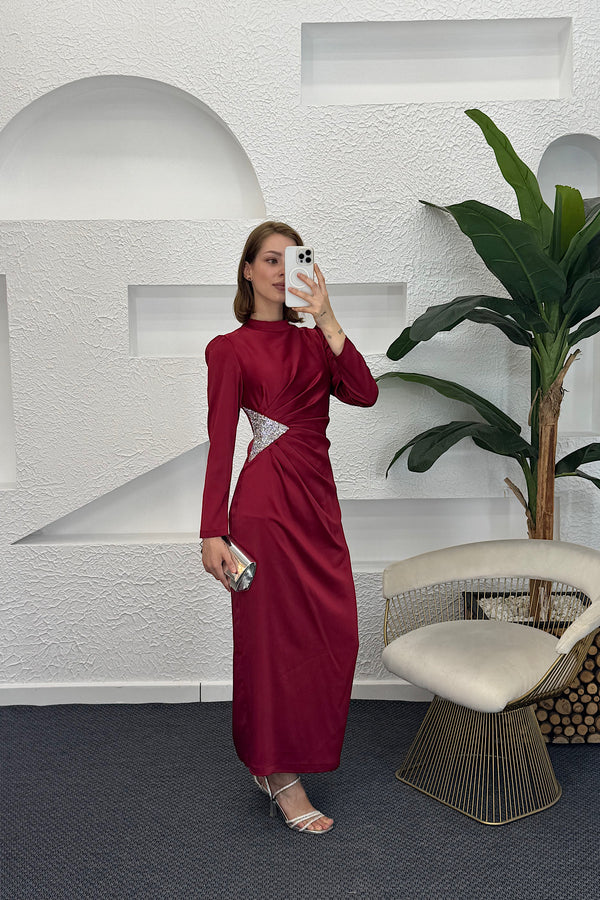 Yanı Taşlı Saten Abiye Bordo 04898-BORDO