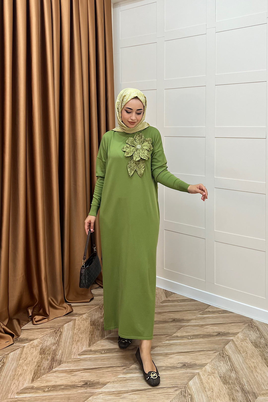 Zambak Merserize Triko Elbise Yeşil 25110-YESIL