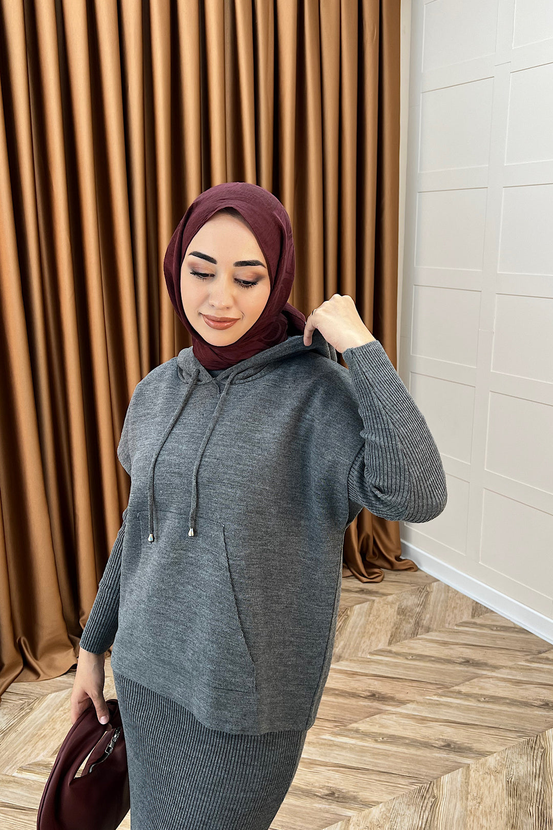 Üst Kapüşonlu İkili Triko Elbise Gri 25290-GRI