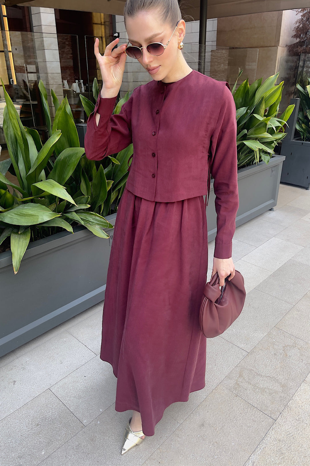 Beli Lastikli Yelekli Elbise Bordo 8349-BORDO